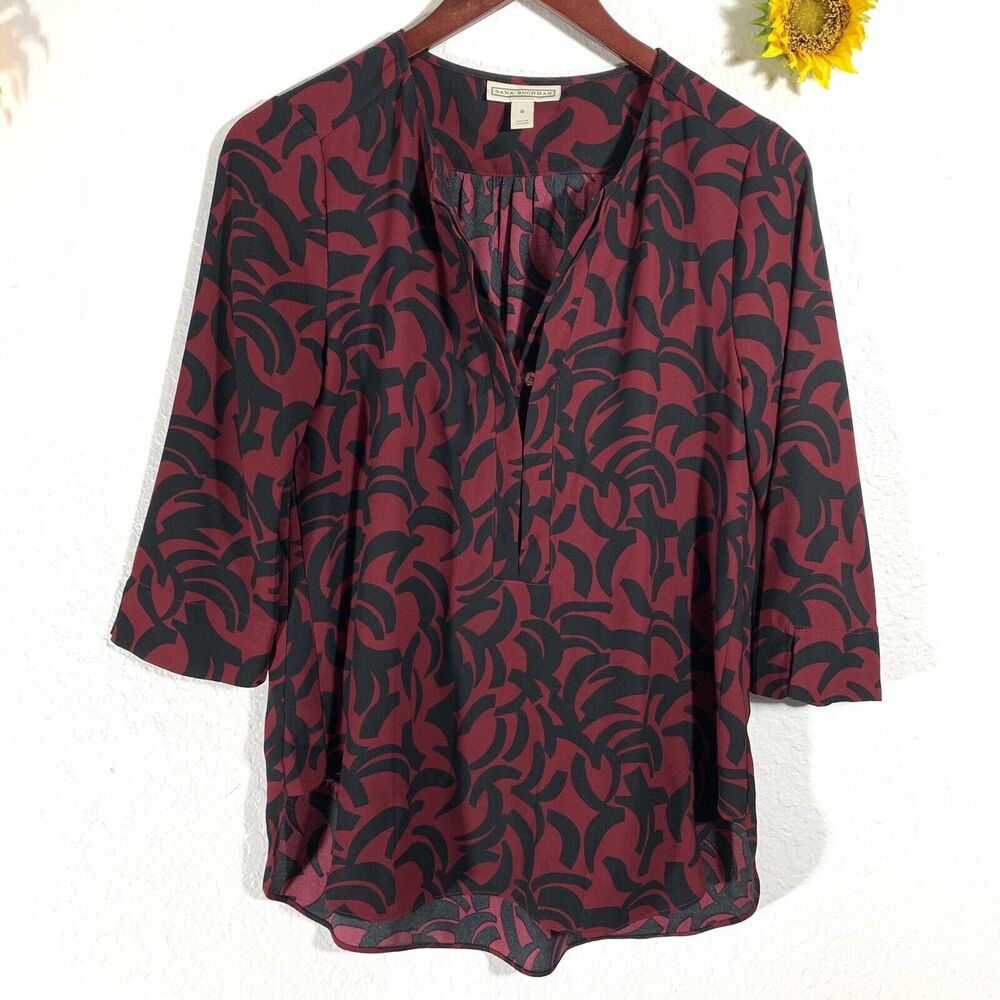 Dana Buchman Maroon Black Quarter Button Elbow Sleeve Blouse Size Small Women’s